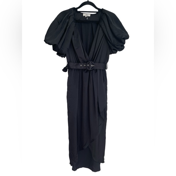Entro Black Satin Bubble Puff Sleeves Faux Wrap Dress High Low Hem Belt‎ Midi S - Picture 4 of 16